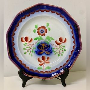 19th Century Gaudy Ironstone 10 Sided Flow Blue "Pearl White" Impressed Plate